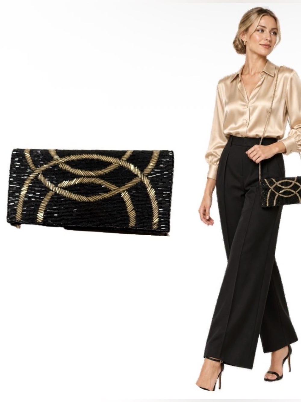 Dressbarn, Black & Gold Beaded Clutch Chain Strap Evening Bag